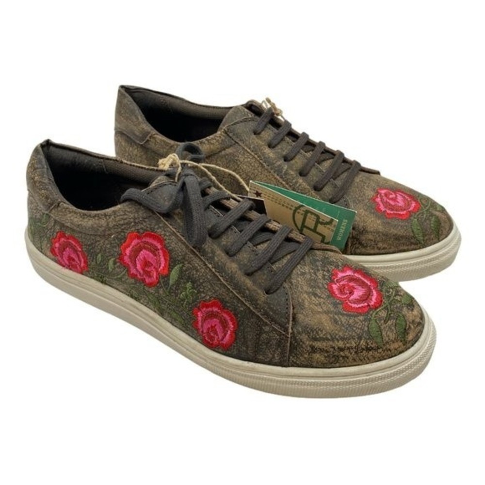 New Roper Size 6.5 Brown Vintage Distressed‎ Leather Floral Rose Sneakers Shoes